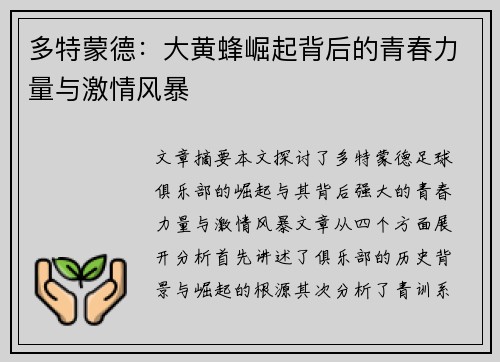 多特蒙德：大黄蜂崛起背后的青春力量与激情风暴