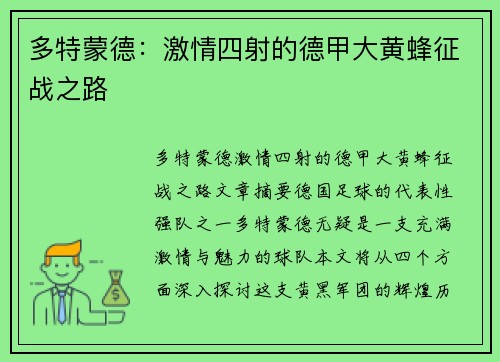 多特蒙德：激情四射的德甲大黄蜂征战之路