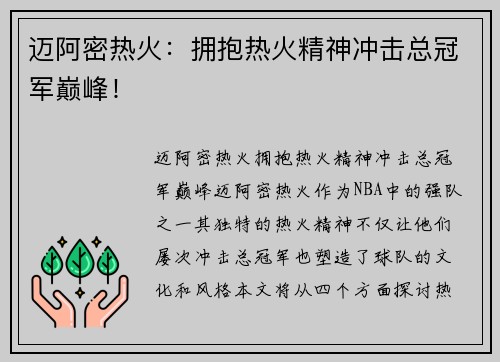 迈阿密热火：拥抱热火精神冲击总冠军巅峰！